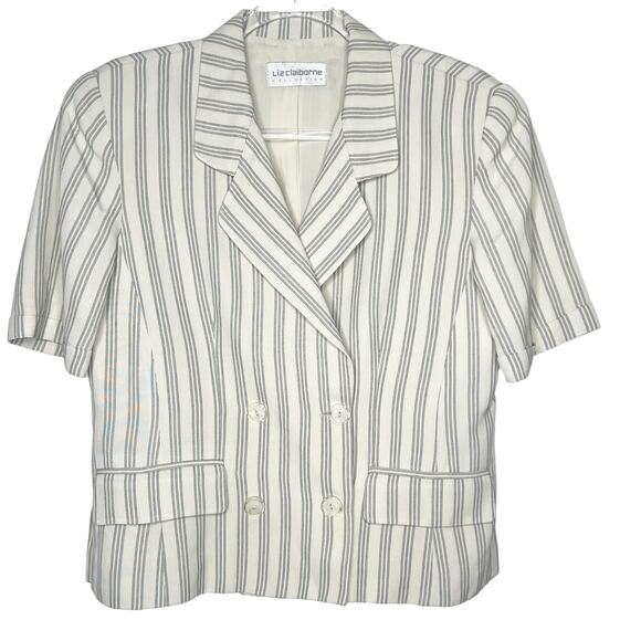 LIZ CLAIBORNE Striped Short Sleeve Blazer Double Breasted Beige Black Size 8 - Picture 9 of 9